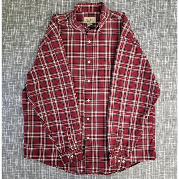 Eddie Bauer Mid-Weight Button Up Shirt Red Plaid 100% Cotton Men's L - Picture 11 of 12